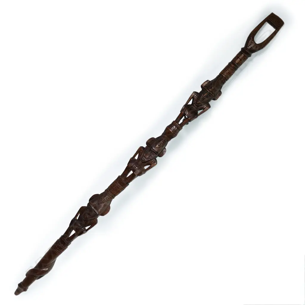 Massim PNG three-figure carved ornate stick w snake to base, Image 1++
